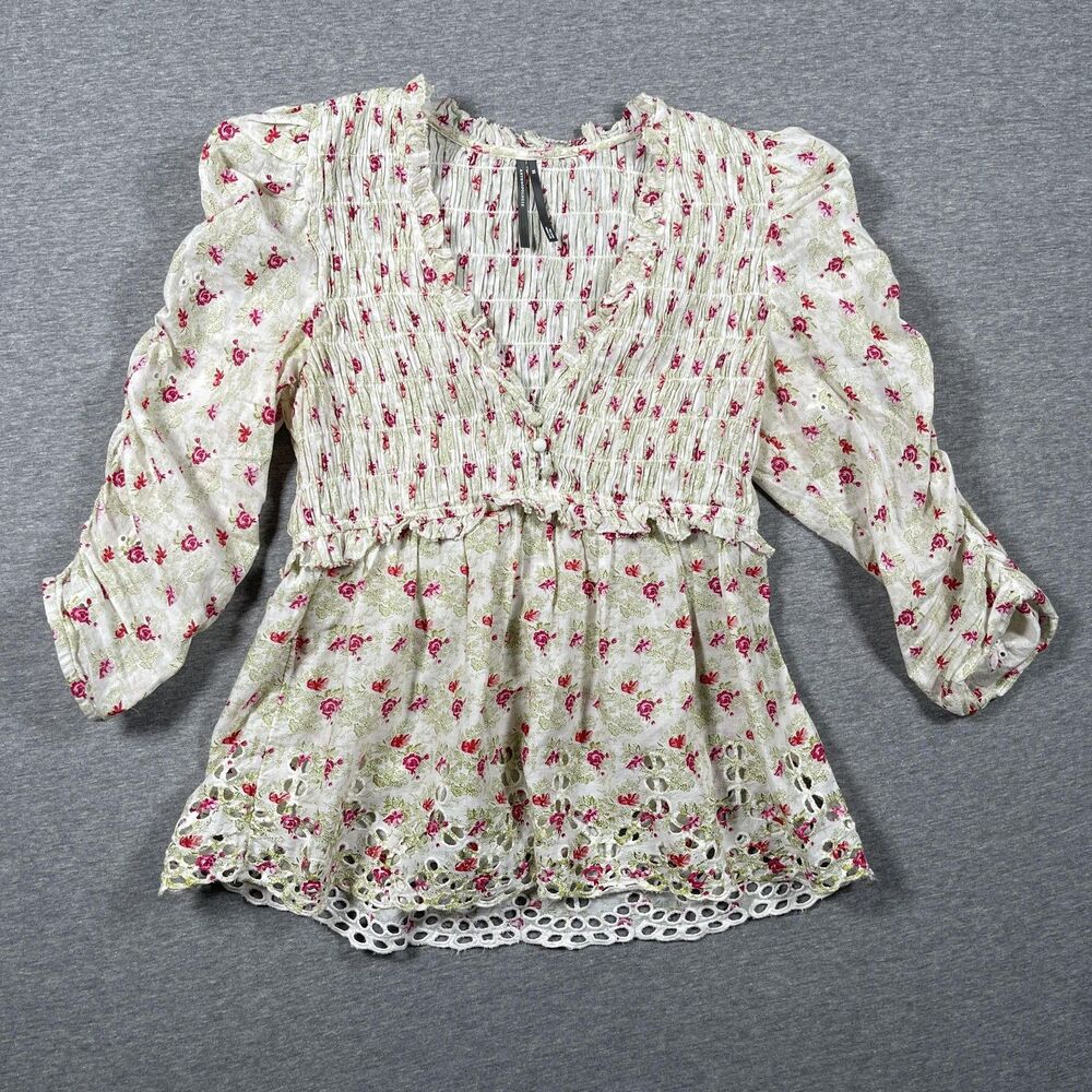 Anthropologie Blouse Womens XS White Floral Fit & Flare Smocked V-Neck Cotton